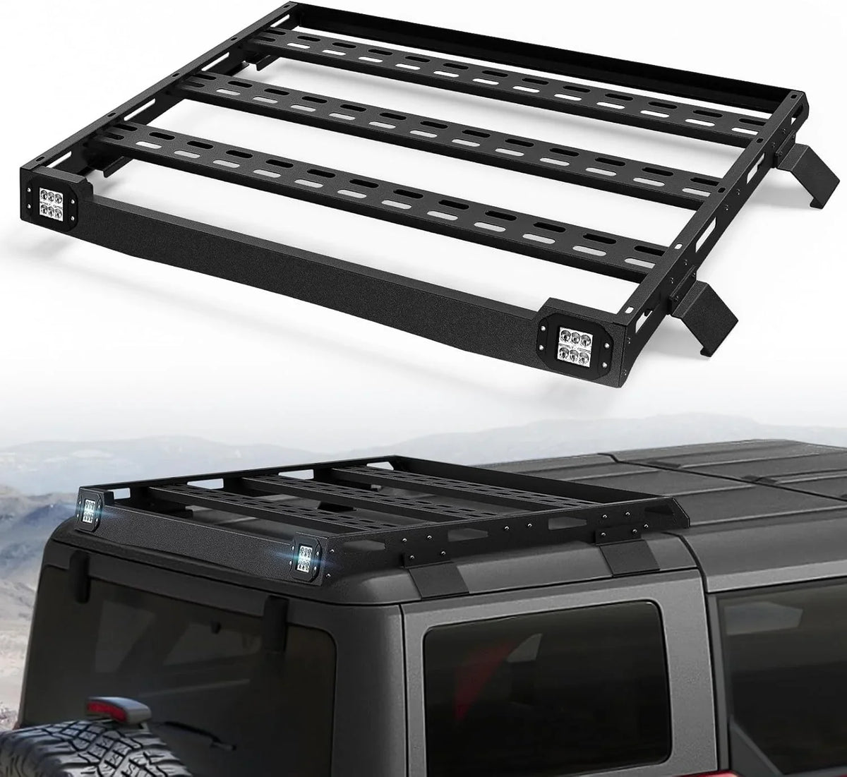 Full Size Roof Rack Cargo Basket Compatible with 2010-2024 Toyota 4Runner 5th Gen with 4 Lights, Overland Rooftop Luggage Storage Holder, Platform Style Cargo Carrier for Outdoors Gear