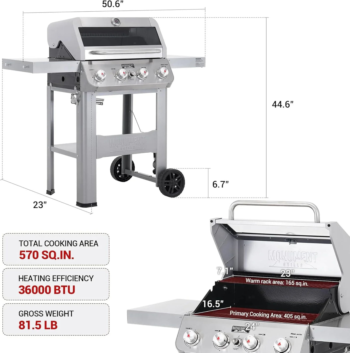 Grills 4-Burner Liquid Propane Gas Grill, Silver Stainless Steel Grill Outdoor Patio Garden Barbecue Grill with Clearview® Lid and One Foldable Shelf, Mesa400MF