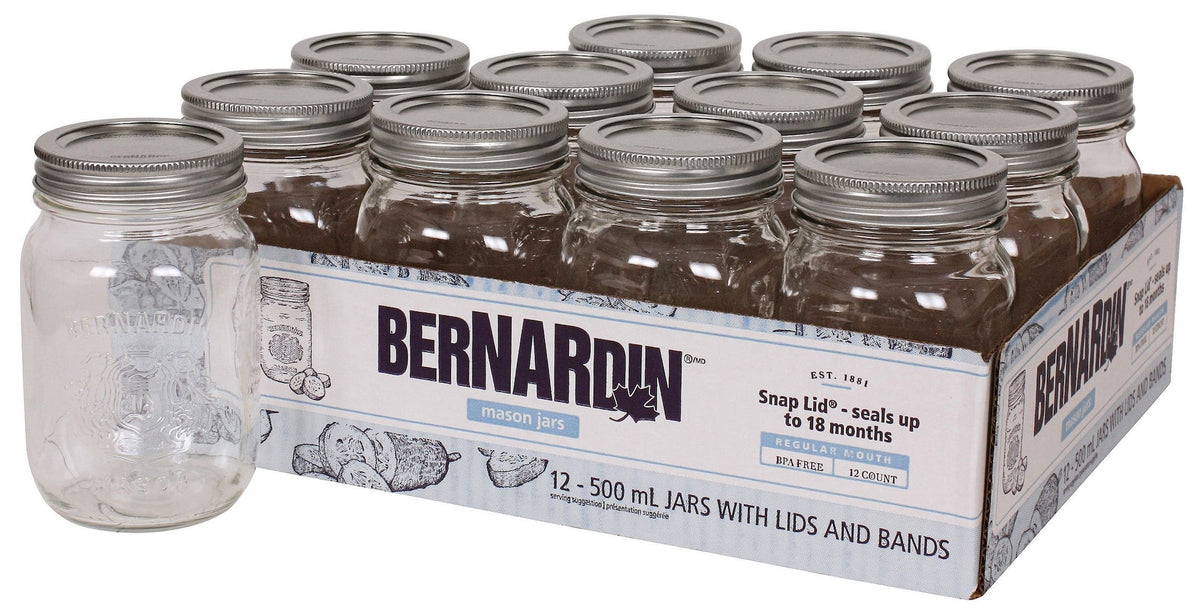 Bernardin Regular Mouth Glass Mason Jars with Snap Lids, 500 mL, 12 Count