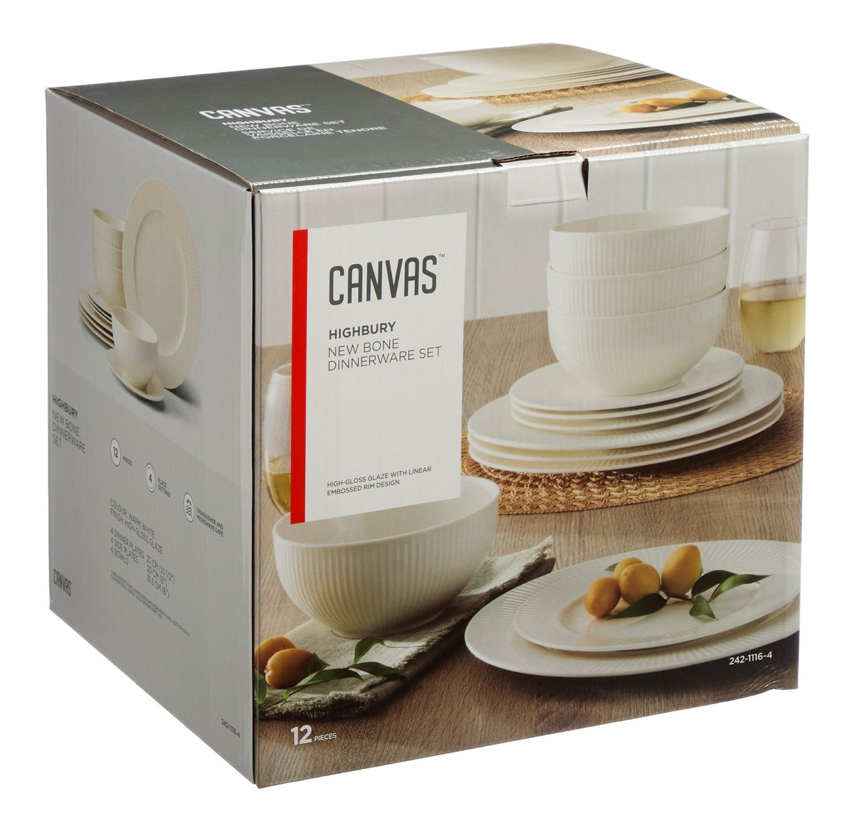CANVAS Highbury Ribbed New Bone Dinnerware Set, Serves 4, 12-pc, White