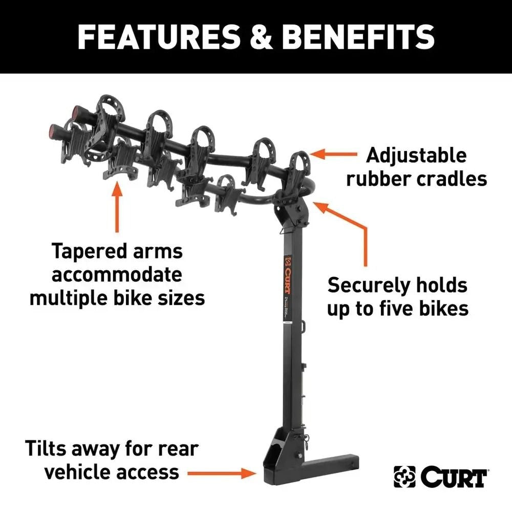 CURT 18065 Premium 5-Bike Two Arm Hitch Mount Bike Rack, Fits 2-in Receiver, Black