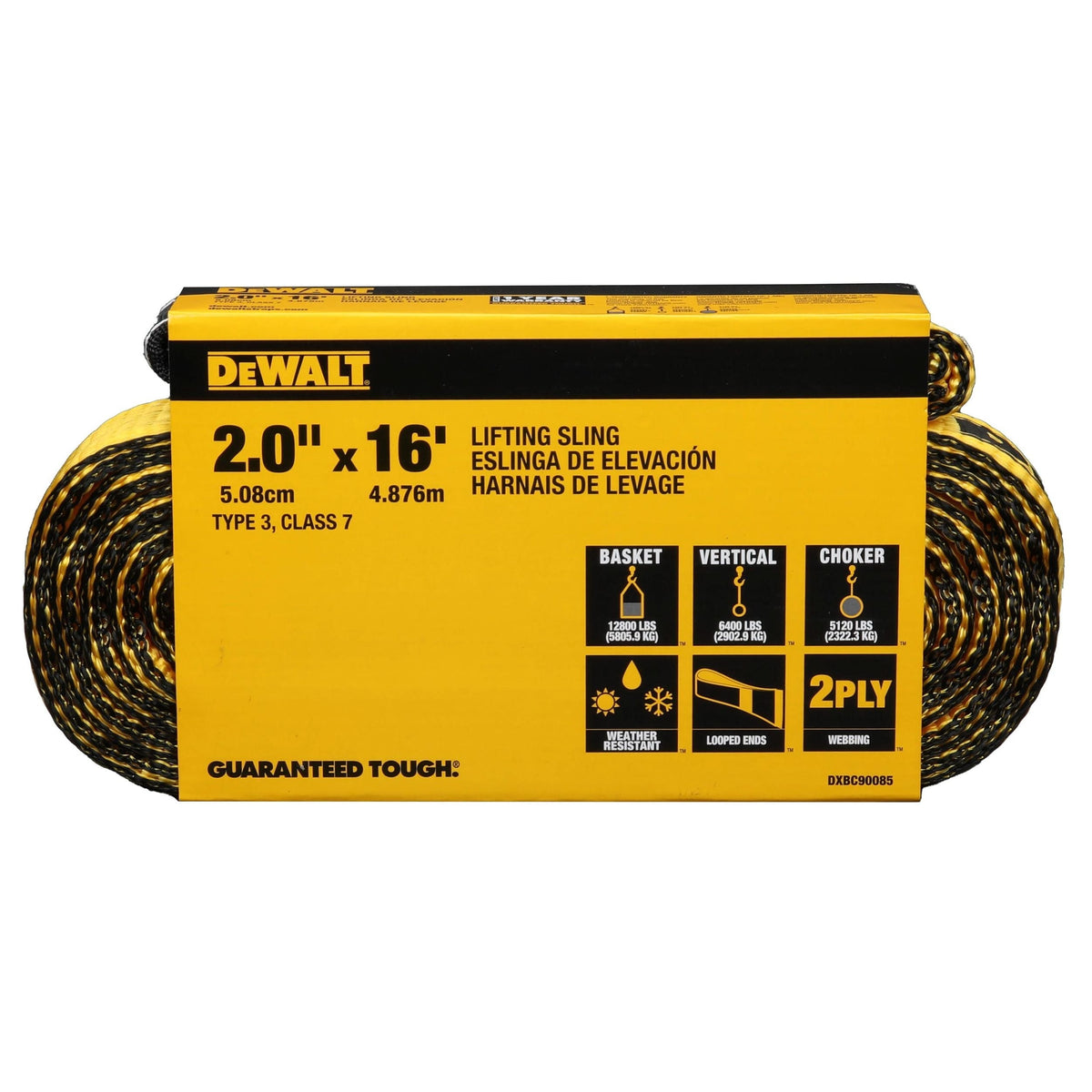 DEWALT DXBC90085 Pro Grade Type 3 Class 7 Lifting Sling, 2-Ply, 2-in x 16-ft, 12,800-lb Basket Weight Capacity