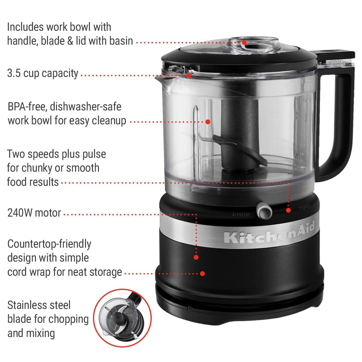 KitchenAid Compact Food Chopper with Dishwasher Safe Parts, Black