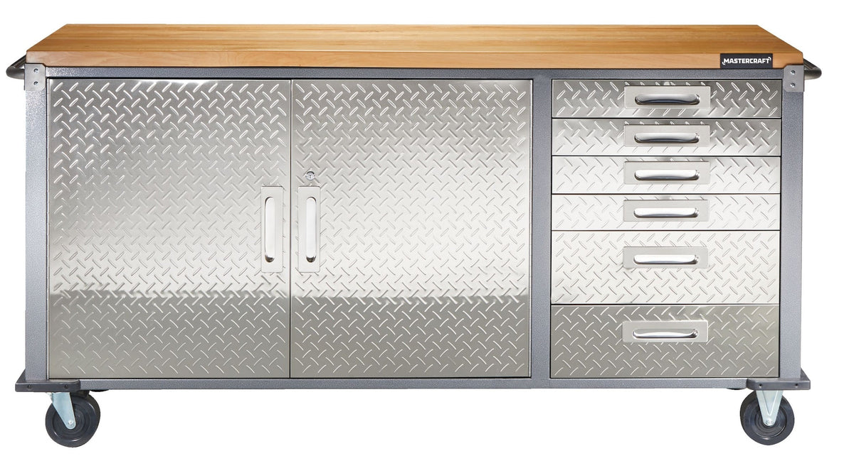 Mastercraft 72" Diamond Series 2-Door, 6-Drawer Wooden Top Work Station with Wheels, 72 x 21-5/8 x 37-1/2-in