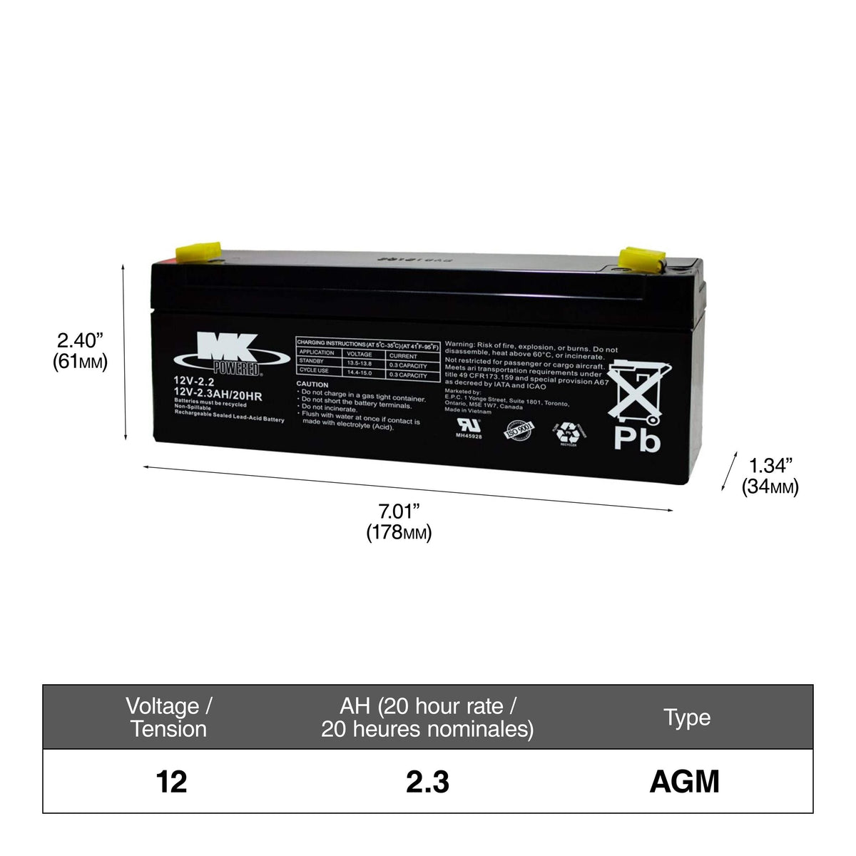 MK Battery 12-Volt 2.3 Ah SLA Battery, F1 Terminal