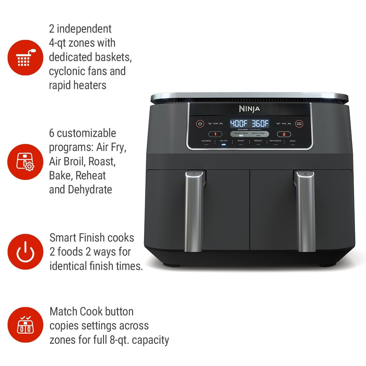 Ninja Foodi 2-Basket Air Fryer with 6 Cooking Functions, 8 Qt