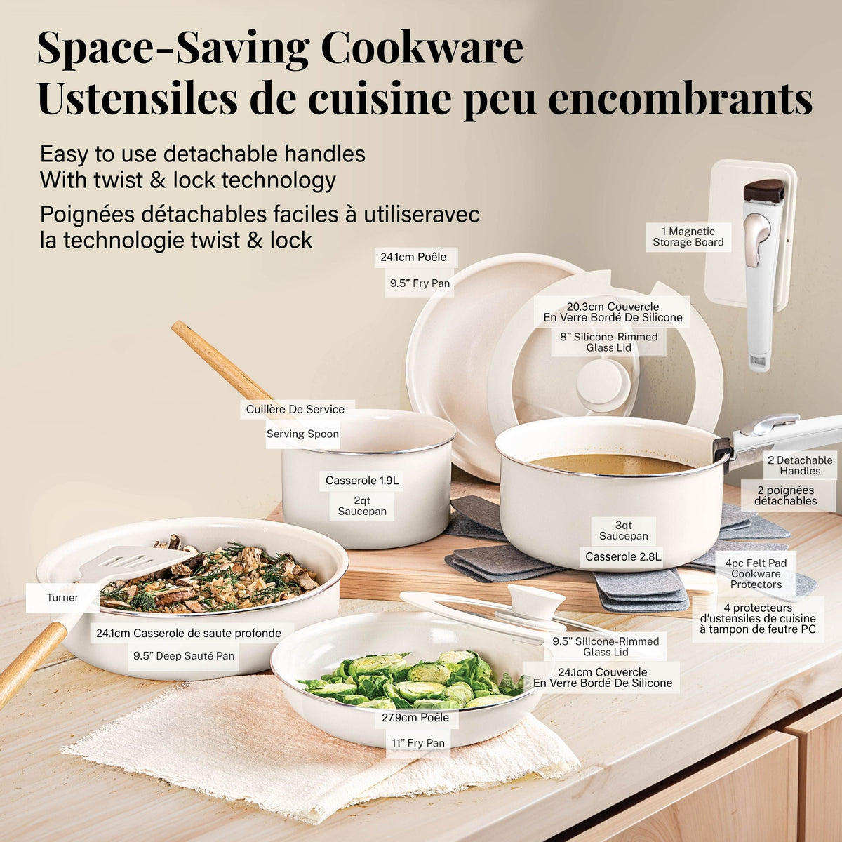 OB Gotham Steel Pots & Pan Set with Removable Handles, Cream, 18-pc