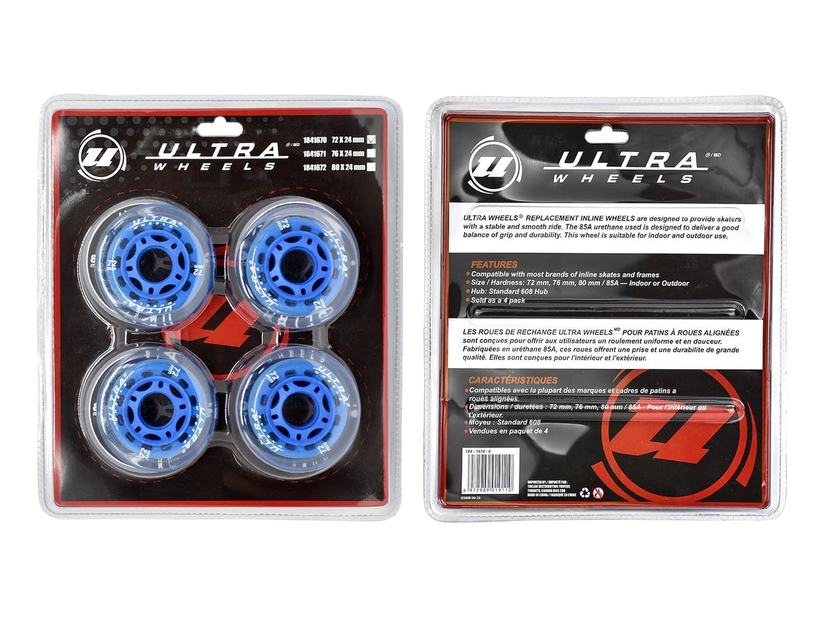 Ultra Wheels Inline Skates Replacement Wheels, Assorted Sizes, Blue, 4-pk