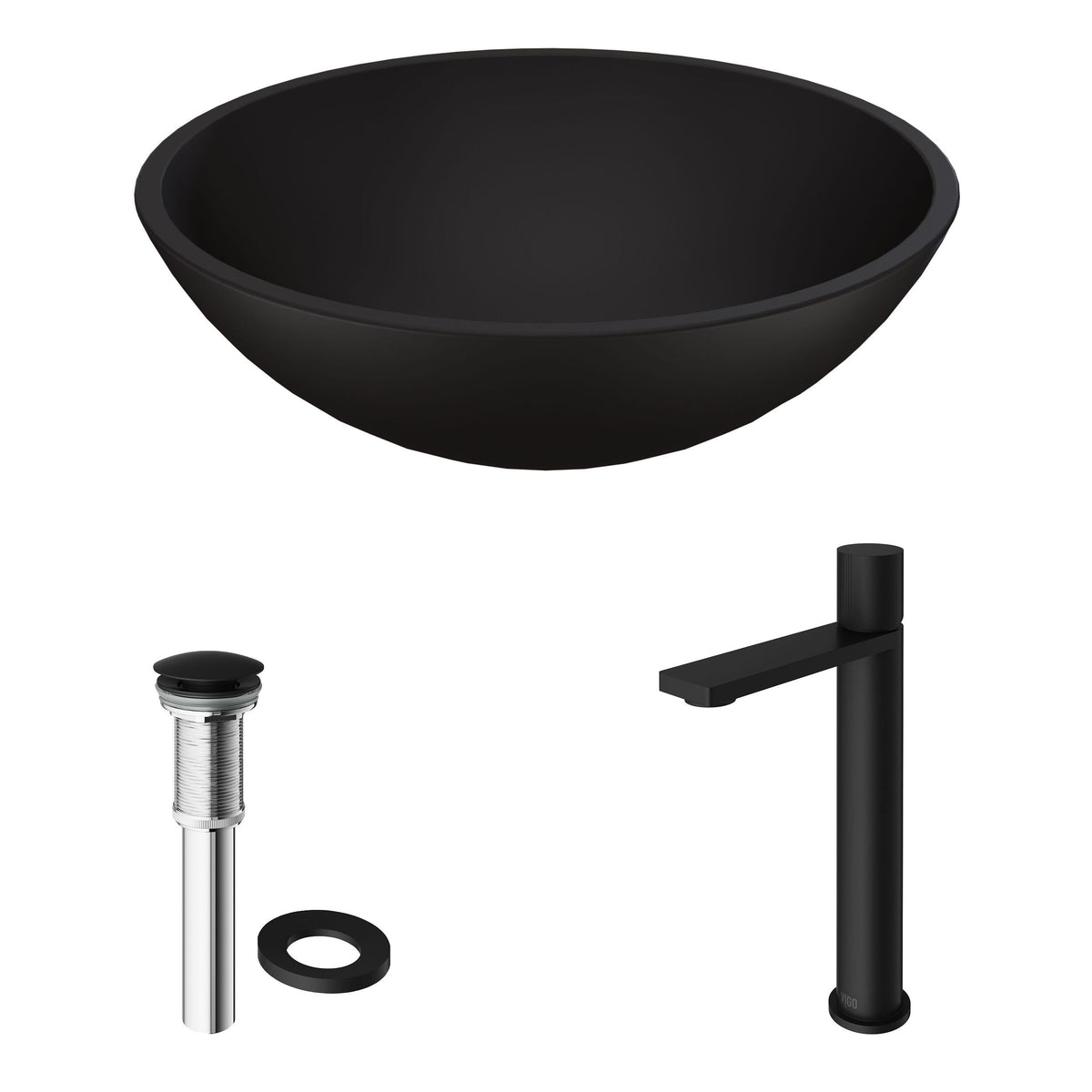 VIGO Cavalli MatteShell Matte Black Bathroom Sink/Basin Set with Gotham Faucet and Round Glass Vessel
