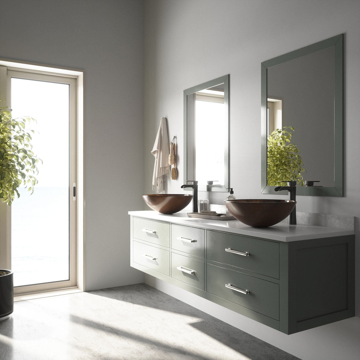 VIGO Glass Russet Brown Bathroom Sink/Basin Set with Niko Faucet and Round Vessel