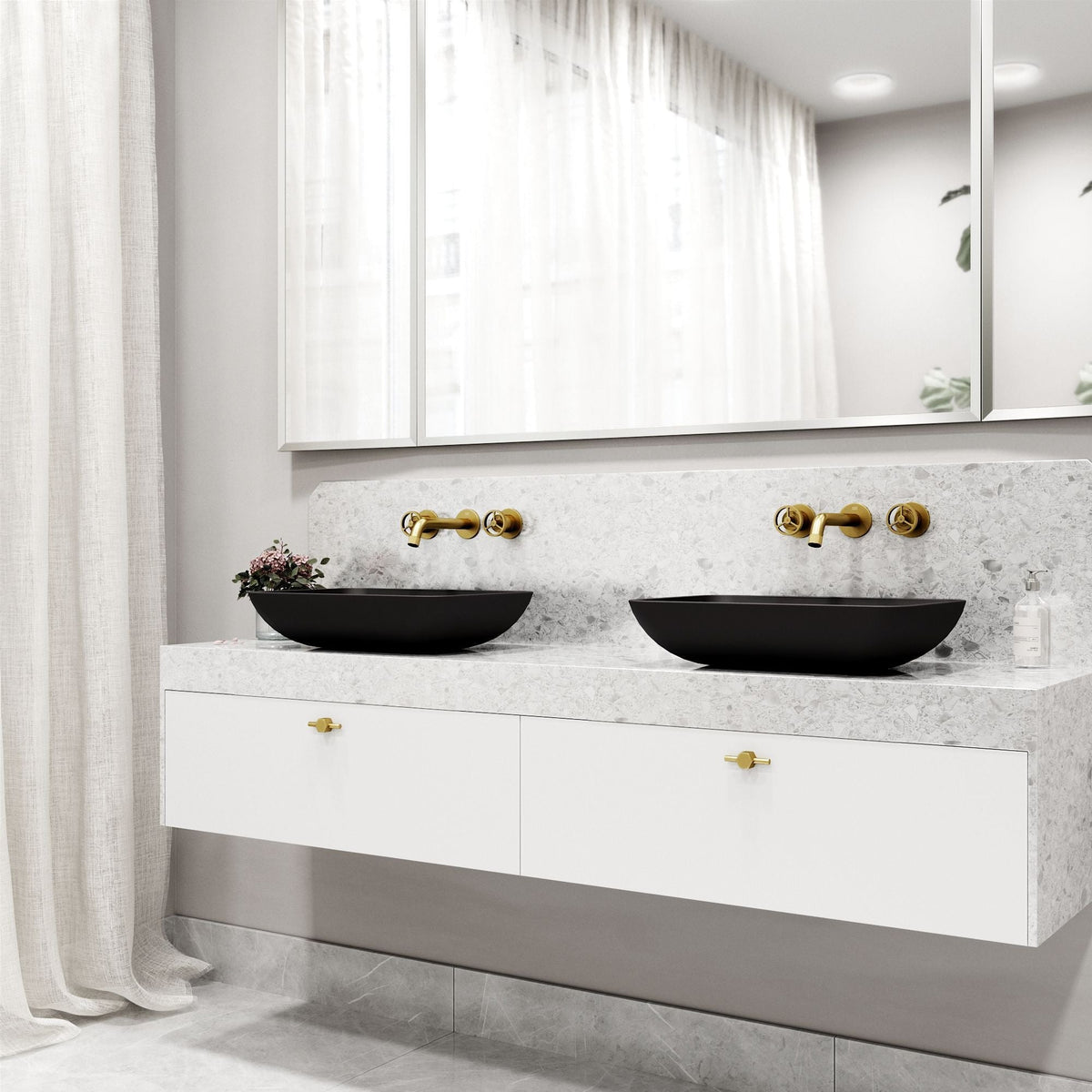 VIGO Sottile MatteShell Matte Black Bathroom Sink/Basin Set with Cass Wall Mount Faucet and Glass Rectangular Vessel