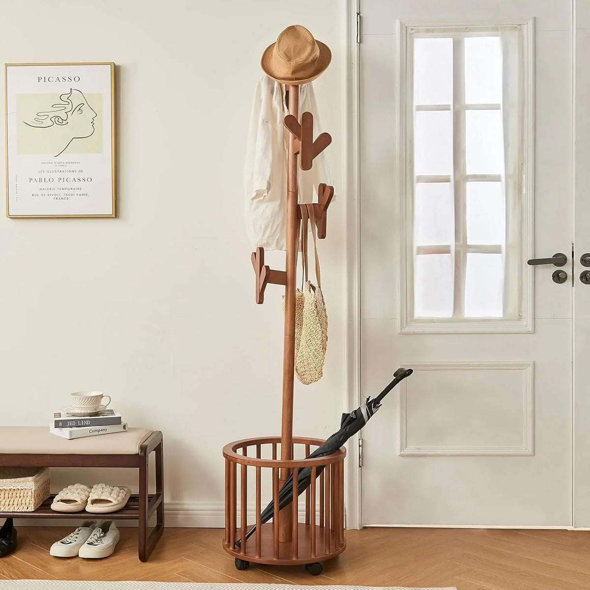 Wood Coat Rack Freestanding - Wooden Coat Tree Hat Rack with 12 Hooks, Clothes Coats Hanger Stand Rolling Racks with Umbrella Holder Wheels for Bedroom Entryway Hallway Livingroom (Walnut)