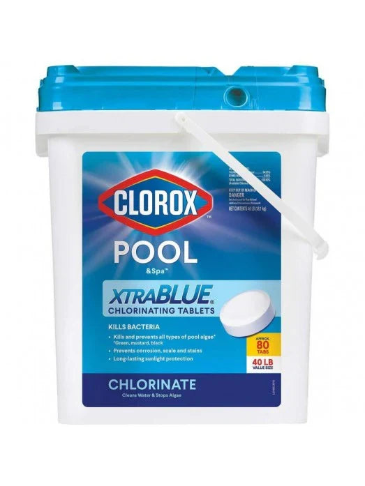 Clorox Xtra Blue 40 Pound 80 Tab Pool and Spa 3 Inch Long Lasting Chlorinating Tablets O3