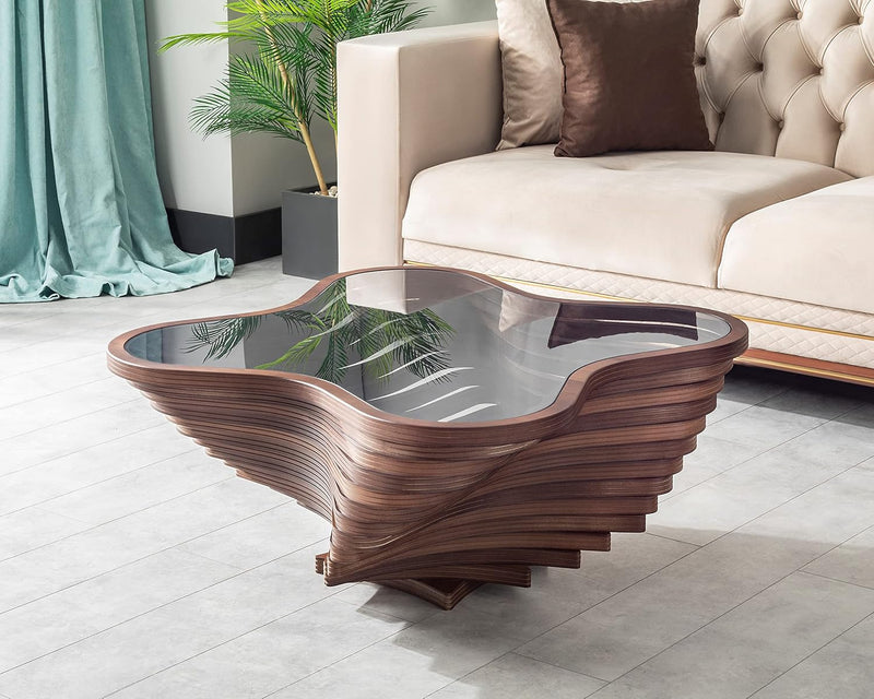 Design a modern coffee table - natural walnut veneer, tempered glass tabletop, layered wave shape, rustic wood, modern living room table, luxurious home and office decoration, central table in the living room. I4
