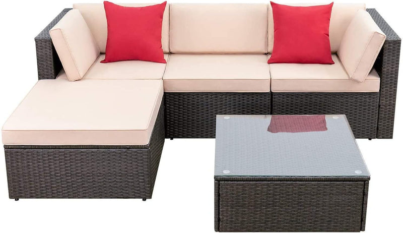 Devoko 5 Pieces Patio Furniture Sets All Weather Outdoor Sectional Patio Sofa Manual Weaving Wicker Rattan Patio Seating Sofas with Cushion and Glass Table(Beige) F6