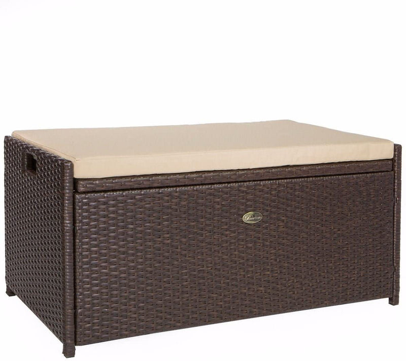 Barton Outdoor Storage Bench Rattan Style Deck Box Wicker Patio Furniture Water Resistance w/Seat Cushion, 60-Gallon, Brown W8