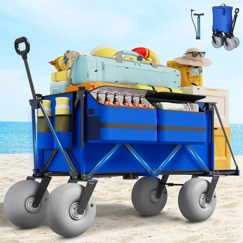 Beach Wagon with Big Wheels for Sand - 450lbs Load Heavy Duty Wagons Carts Foldable with 9" All Terrain Inflatable Tires, Collapsible Beach Cart for Grocery Shopping Garden Sports Camping Outdoor Q8
