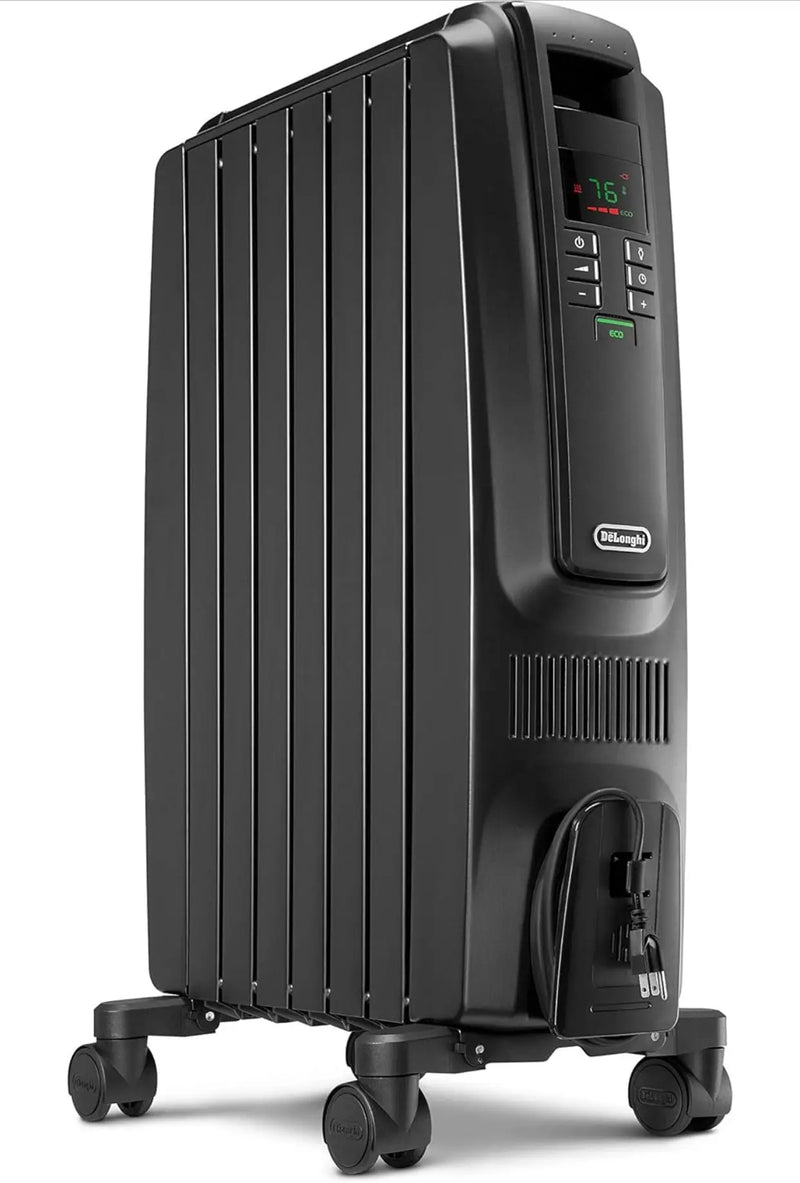 De'Longhi Oil Filled Radiator Space Heater, Quiet 1500W, Adjustable Thermostat, 3 Heat Settings, Timer, Energy Saving, Safety Features, White, Dragon TRD40615EBKCA, Black U6
