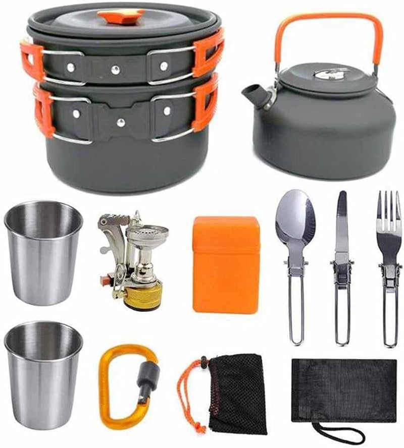 Camping cooking set - picnic cooking pot set - outdoor hiking and barbecue tableware set - camping travel supplies set including frying pan, water jug and stove E9