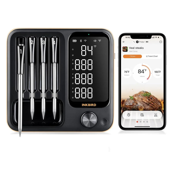 True wireless meat thermometer, equipped with 4 probes, Bluetooth meat thermometer, with backlit LCD display, Wi-Fi-enabled smart food thermometer, rechargeable, suitable for barbecue grills, charcoal grills, ovens, and rotating barbecue racks. Y1