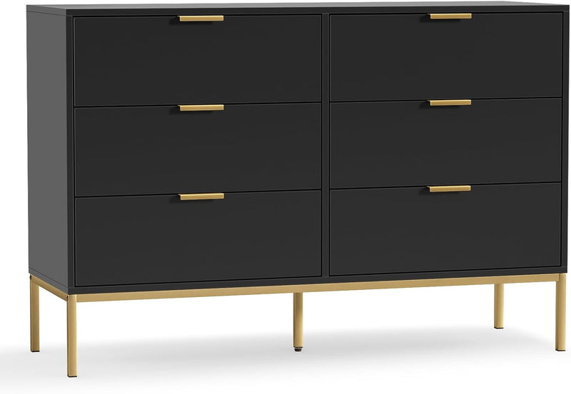 Black Dresser for Bedroom, Modern 6 Drawer Dresser, Chest of Drawers Closet Organizers and Wood Storage Clothes, White Dresser with Golden Handles for Living Room, Hallway Z8
