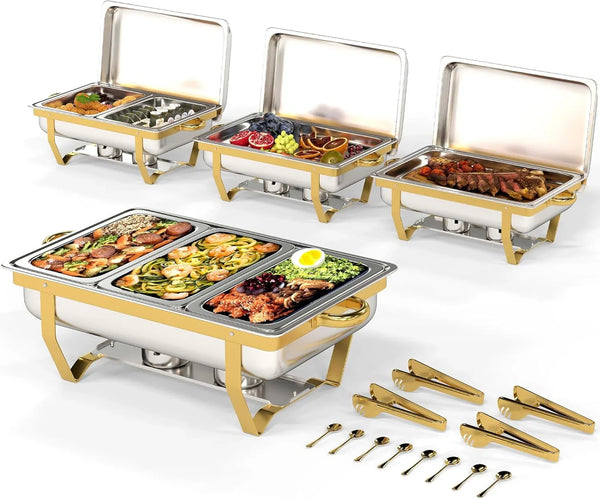 4 Pack Stainless Steel Chafing Dishes for Buffet, 9 QT Capacity 7 Pans Food Warmers for Parties, Weddings, Events Hosting, Family Gatherings, Full Set Catering Server with Serving Utensils Accessories H0