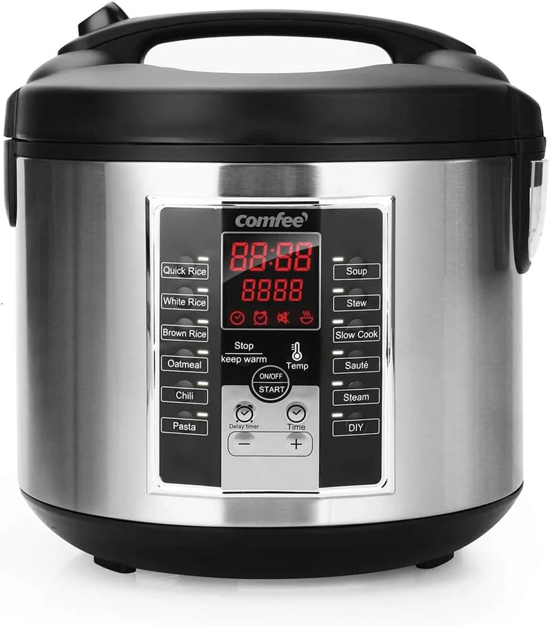 Compact electric rice cooker, 6-in-1 stainless steel multi-functional cooking utensil, slow cooker, steamer, frying pan, heater and warmer, 2-gallon capacity (8 cups cooked, 4 cups uncooked), suitable for brown rice, quinoa and oats, 6 one-button pro P2