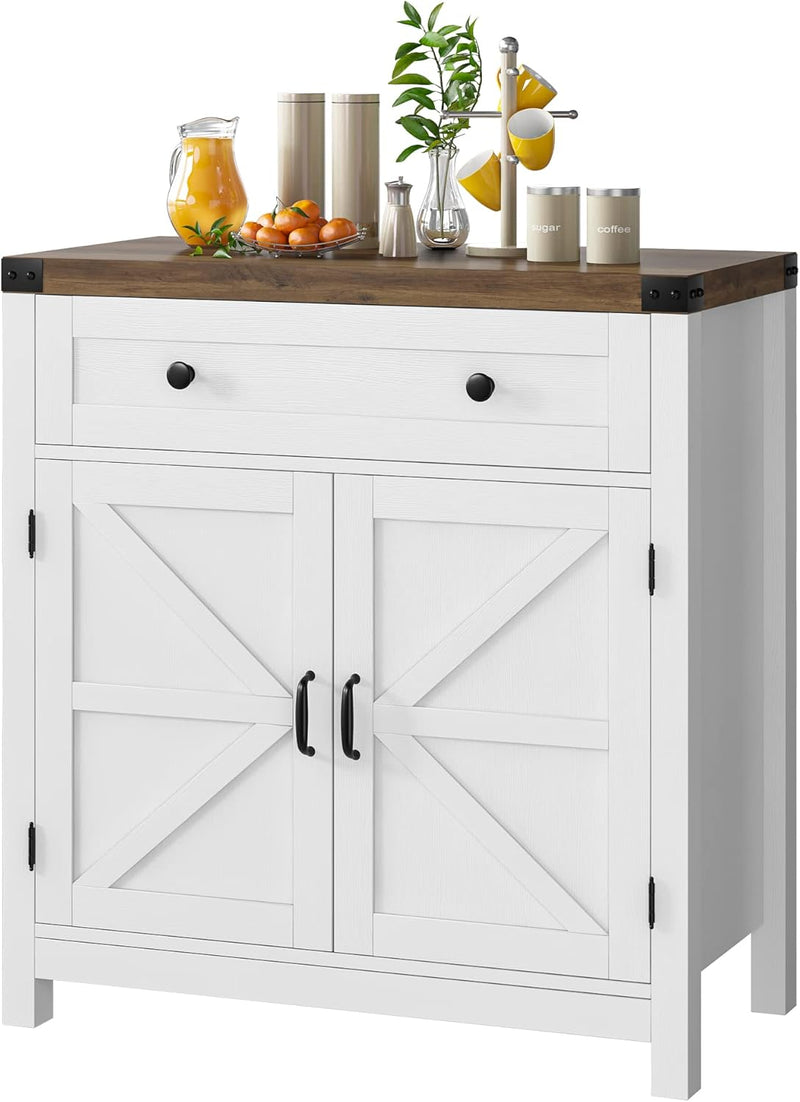 Coffee Bar Cabinet, Kitchen Storage Cabinet, Modern Farmhouse Buffet Sideboard with Drawer and Adjustable Shelf, Barn Door Accent Cabinets for Kitchen, Dining Room, Entryway, White A1
