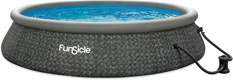 12 Foot by 36 Inch Quickset Round Inflatable Ring Top Outdoor Above Ground Swimming Pool Set with Pump and Cartridge Filter, Dark Herringbone S1