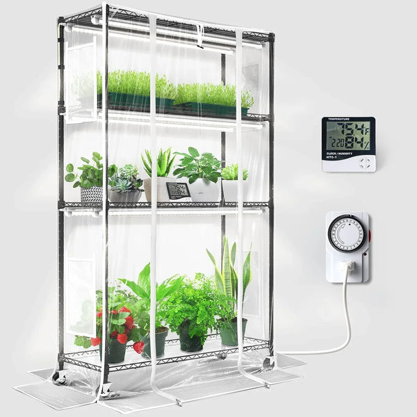 Barrina Mini Greenhouse with LED Grow Light for Indoor Plant, 4-Tier Portable Metal Plant Stand with Wheels, Plant Shelf with Tent, 6Pcs Plant Light with Timer and Thermo-Hygrometer, 35.4x13.8x59IN K1