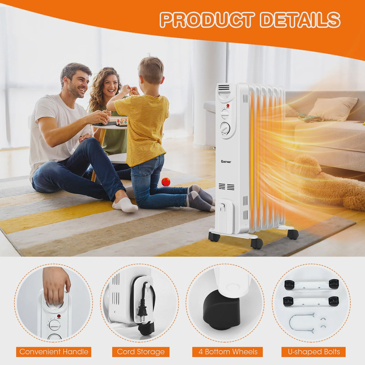 Costway 1500W Electric Oil Filled Radiator Space Heater 5-Fin Thermostat Room Radiant