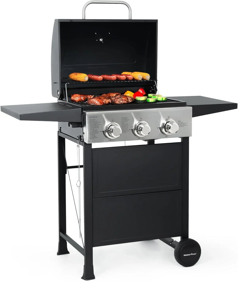 Burner BBQ Propane Gas Grill, Stainless Steel 30,000 BTU Patio Garden Barbecue Grill with Two Foldable Shelves Z3