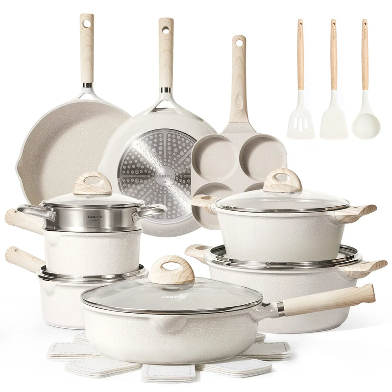 Carote Non Stick Pots and Pans Set, 21 Pcs Induction Kitchen Cookware Sets (Beige Granite) V4