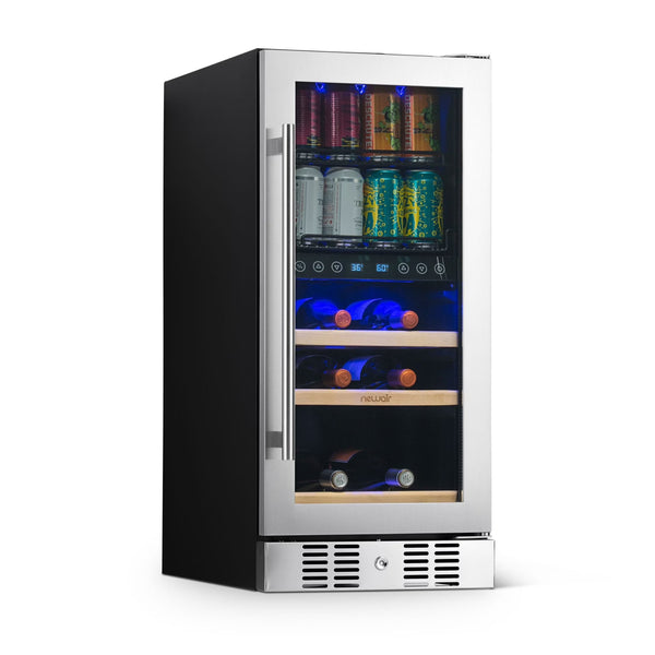 Newair 15 Dual Zone Beverage Cooler with Removable Beech Wood Shelves, Stainless Steel S8
