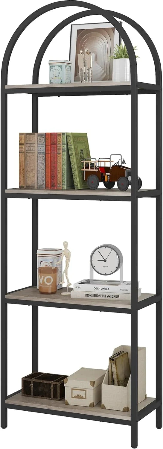 Yusong Bookshelf Rattan Arched Bookcase, 74" Tall Industrial Open Book Shelves for Living Room, Modern Freestanding Boho 5 Tier Display Storage Rack with Metal Frame, Office, Bedroom, Burlywood