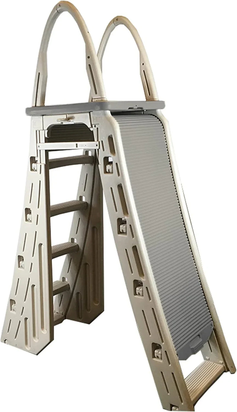 Confer Plastics 7200 Roll Guard 48" to 56" Adjustable A Frame Safety Ladder for Above Ground Outdoor Patio Swimming Pool Platform Ladder with Step Barrier, Warm Grey… C1