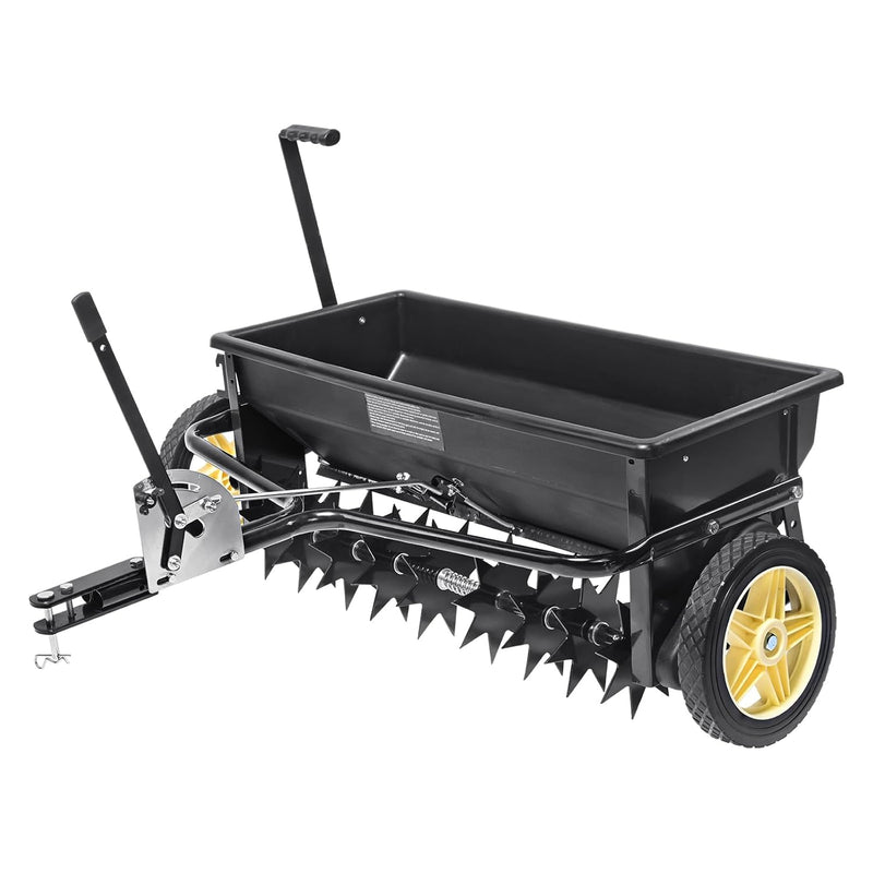 Broadcast seeder, 100-pound tractor-mounted rear polyethylene seeder with 10-inch wheels, equipped with a steel spike weeder, fertilizer spreader, garden seeder and salt spreader, suitable for residences, farms, rough terrain, and black pavement. R4