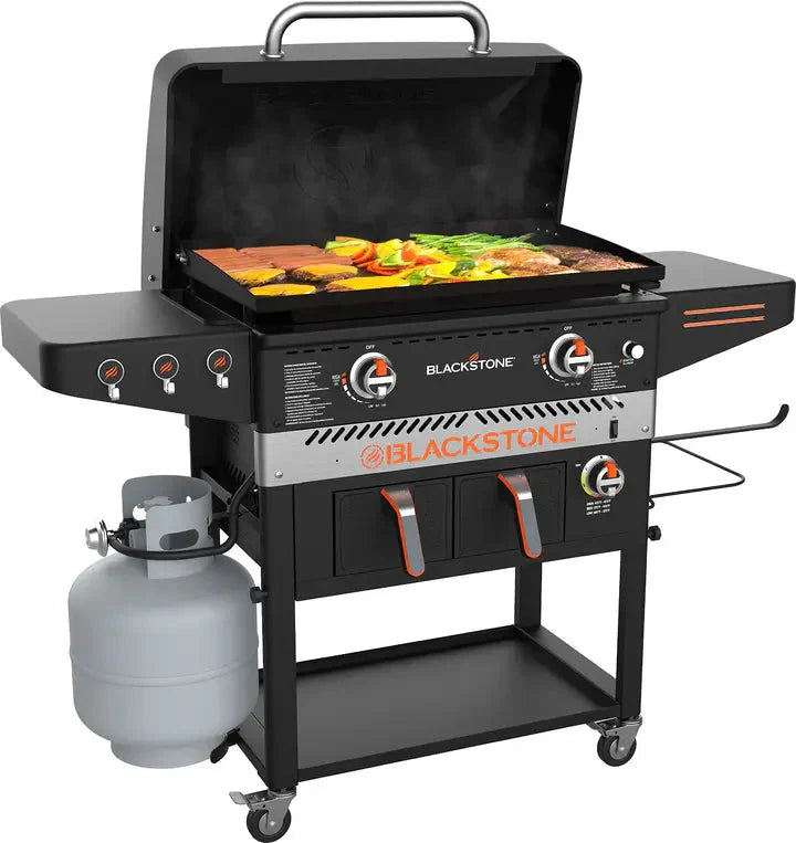 Blackstone 1962 Air Fryer Combo & Two Burners Stainless Steel Gas Hood, Wheels, Two Side Shelf – Heavy Duty Outdoor Griddle Station for Backyard, Patio, 28 inch Black U5