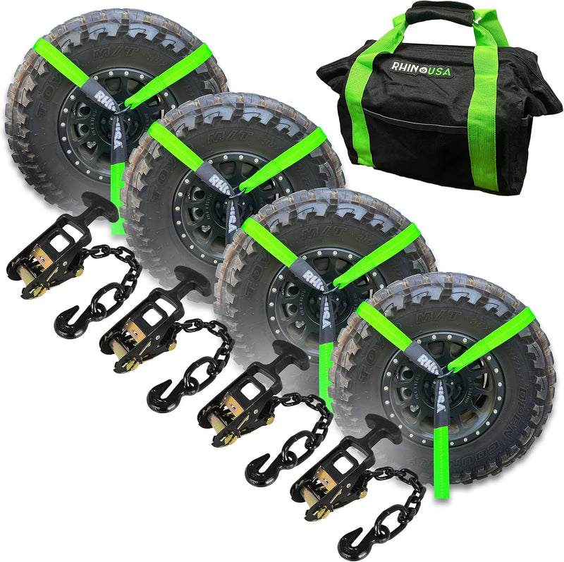 Car Tie Down Straps for Trailers with Flat Hooks (4-Pack) - 2 Inch x 8 Feet (10,000lb Break Strength) - Heavy Duty T-Handle Car Lasso Tire Straps for Trailer & UTV - Black F8
