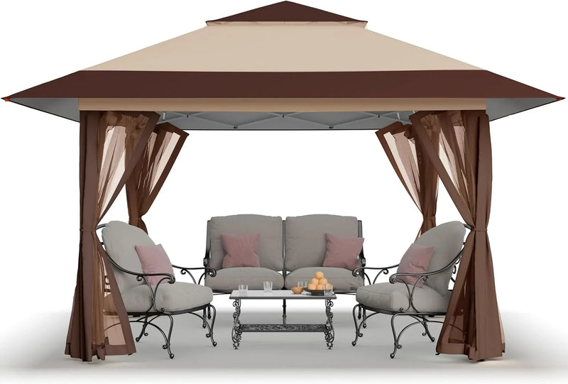 CROWN SHADES 13x13 Pop Up Gazebo, Canopy Tent, Gazebos on Clearance - Outdoor Gazebo for Backyard & Patio Furniture - Carpa Pop Up Tent with Wheeled STO-N-Go Cover Bag (Beige & Coffee) M0