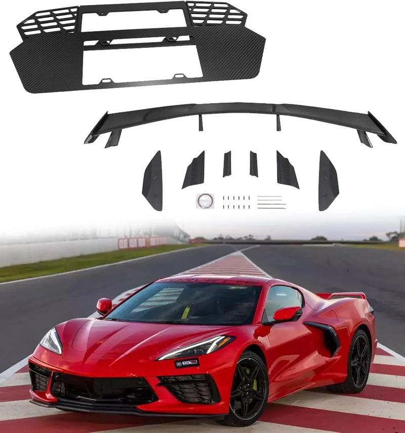 Bundled Items of C8 License Plate Frame and C8 High Wing Spoiler Fit for Corvette C8 2020-2025 Stingray Z51 2020-2025 K8