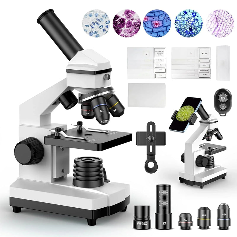 Compound Microscope for Adults & Kids - 100X-2000X High-Power Biological Microscope for Students, School Lab & Home Education, with Slides Set & Phone Adapter (White) O1