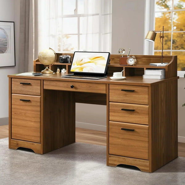 Executive Desk with Drawers, 58 Inch Desk with Storage, Wood Executive Desk with 6 Drawers, Study Desk for Bedroom, Business Furniture Desk with File Cabinet, Vintage Brown S2
