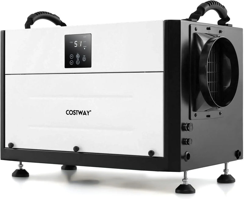 Commercial dehumidifier, suitable for 1300 square feet of basements, storage areas or work sites, equipped with a 9.8-foot drainage pipe and a wired remote control panel, white model. V2