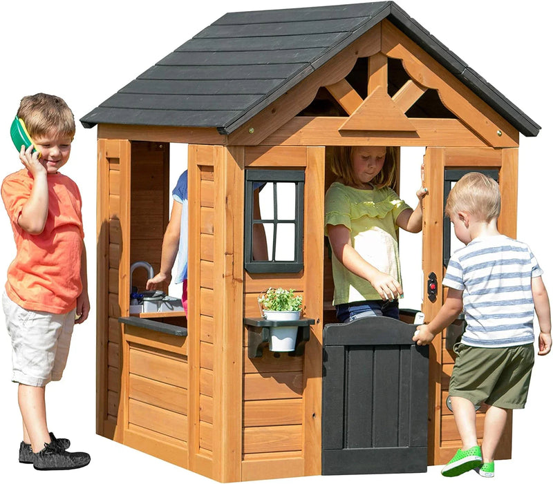 Children's playhouse cabin, equipped with a game kitchen, snack bar, half-door, toy phone, windows, flower pot stand and an operable doorbell, suitable for creative outdoor games. B7