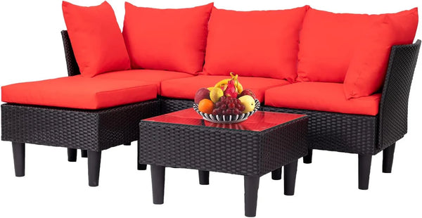 Patio Furniture Set 4 Pieces Outdoor Rattan Chair Wicker Sofa Garden Conversation Bistro Sets for Yard,Pool or Backyard O6