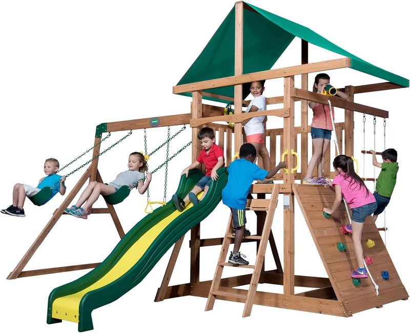 Cedar Wood Swing Set with Wave Slide, Play Deck, Double Rock Wall, Rope Ladder, Web Swing, Belt Swings, Toy Telescope, Steering Wheel, Sandbox Area, Outdoor Playset J9