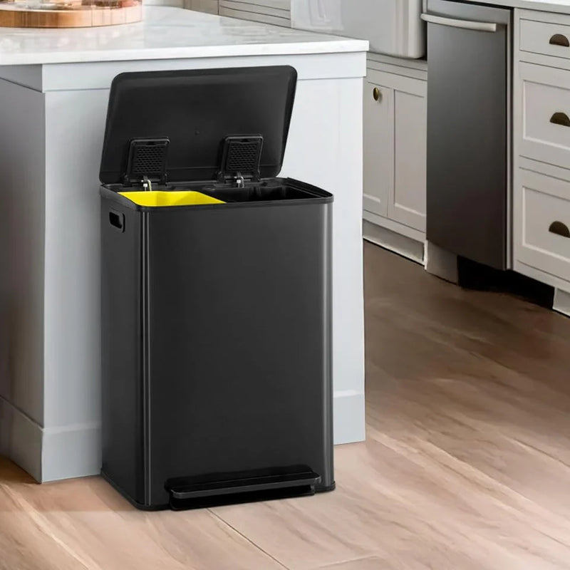 CAPHAUS Dual Trash Can with Double Lid, Trash and Recycle Bins Combo, Hands-free Stainless-Steel Garbage Can for Kitchen, with 2 Compartment, Hinged Lid, Odor Filters, Handles, 25L 25L, 2 x 6.6 Gallon A9