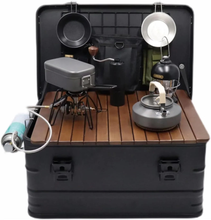 Camping box - Waterproof outdoor metal storage box, 47 liters, portable RV box, equipped with a wooden table and a set of 3 storage bags, large capacity storage box M1