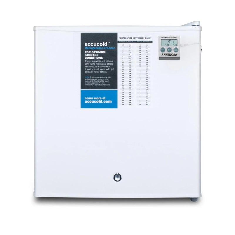 Compact refrigerator freezer, suitable for general use, with a white appearance, equipped with a NIST calibrated thermometer, manual defrosting device, hospital-grade power cord and front locking mechanism. T6